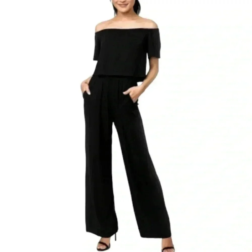 NWT Gibson Black Off Shoulder Slit Back Wide-leg Jumpsuit